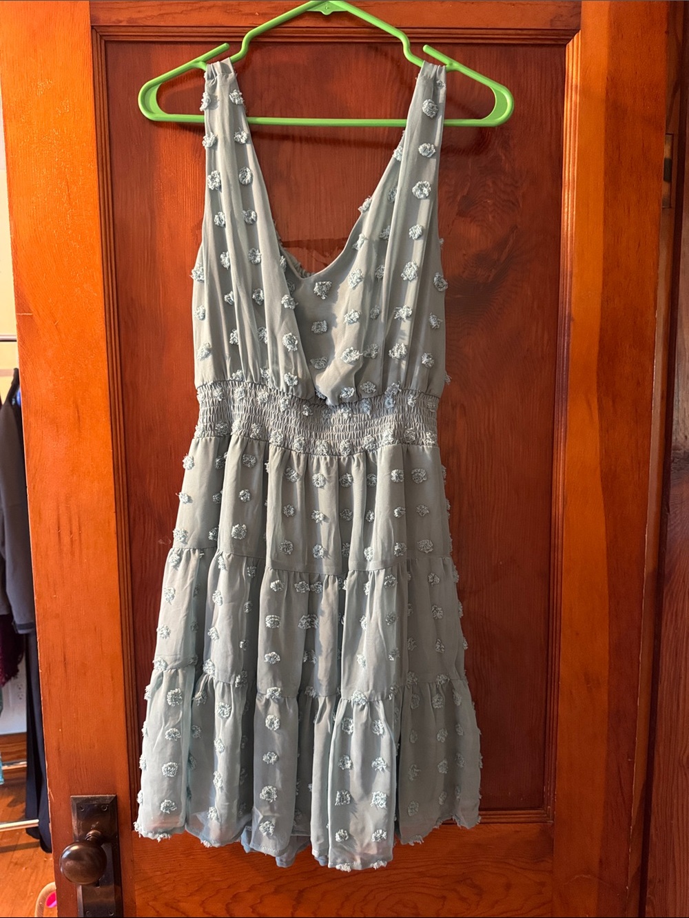 Emerald Sundae Sage Green Appliqué Tiered Mini Dress
